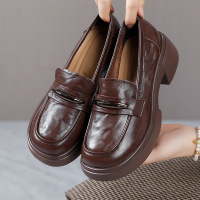 新款牛皮中跟乐福鞋英伦风百搭一脚蹬小皮鞋软底舒适复古单鞋