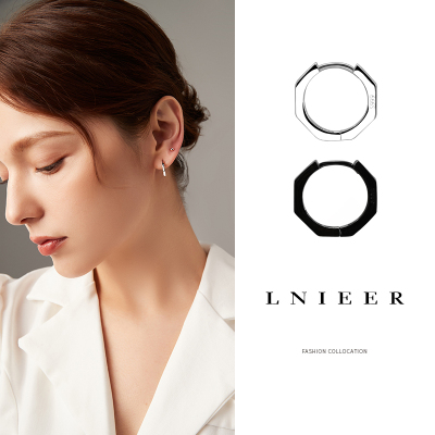 s999纯银耳钉女耳圈耳扣养耳洞耳环几何多边形黑色男高级感耳饰品送女朋友老婆情人节七夕生日礼物