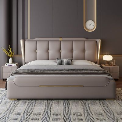 意式真皮床主卧室高端大气双人床轻奢现代简约储物床家用软包婚床