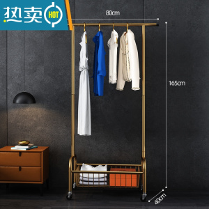 敬平挂衣架落地卧室房间挂衣服架子单杆式家用移动晾衣架衣帽架北欧风 轻奢金[带篮子]-长80X宽40X高165CM