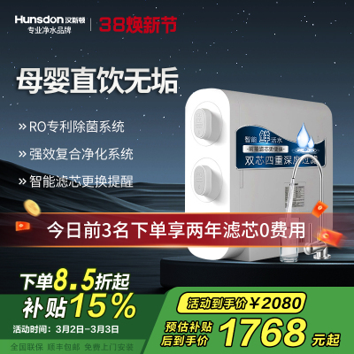 汉斯顿/Hunsdon 0阻垢剂添加净水器家用直饮净水机厨下式RO反渗透母婴直饮机自来水过滤器D3