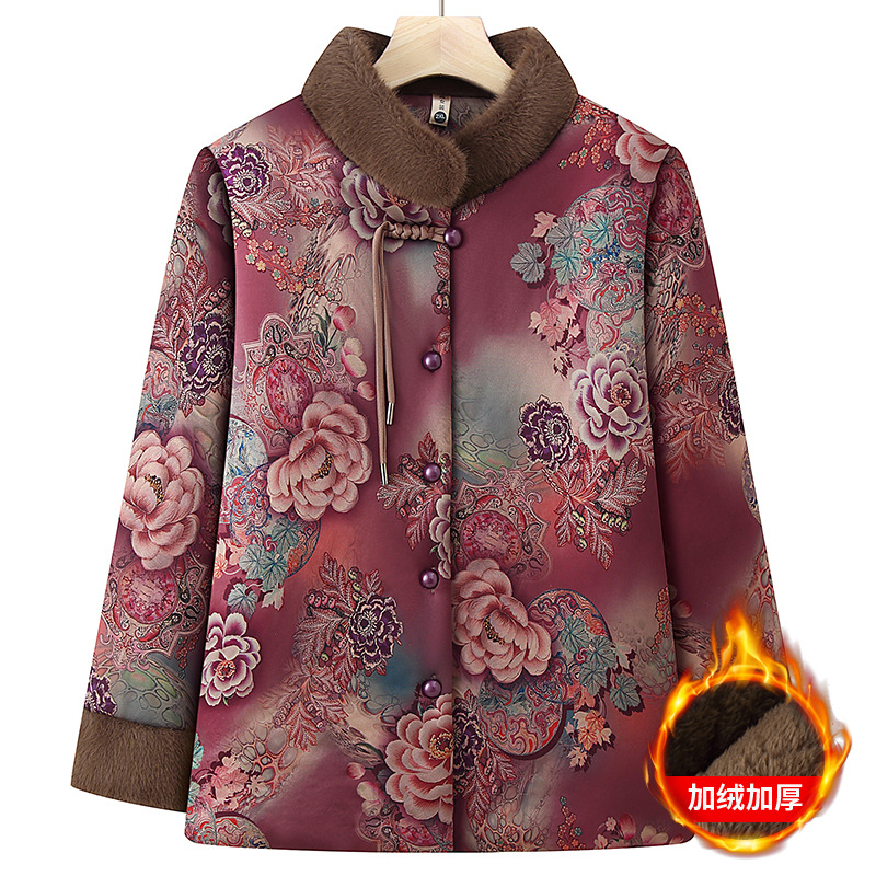 年老年奶奶装冬装外套时尚中老年女士休闲大衣印花款老太太女