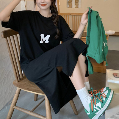 夏季新款大码女装胖mm宽松遮肚打底衫女显瘦长款过膝T恤连衣裙子_1