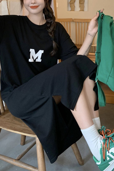 夏季新款大码女装胖mm宽松遮肚打底衫女显瘦长款过膝T恤连衣裙子