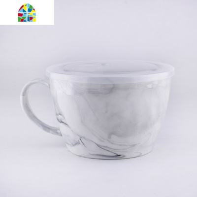 大理石纹早餐超大容量陶瓷泡面碗带盖把烤箱微波炉加热家用汤饭碗 FENGHOU 大理石纹粉色(配陶瓷盖)