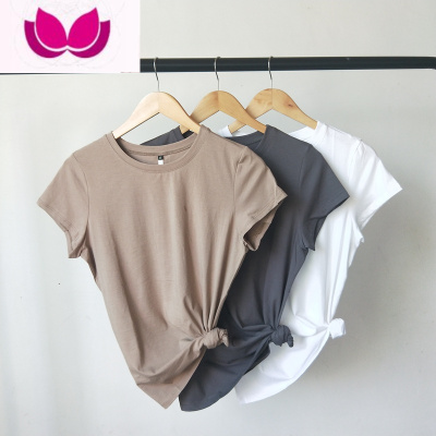七斓2023净版简单圆领显瘦夏季纯色棉打底衫浅咖色短袖T恤女修身内搭