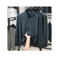 男士春秋长袖polo衫中年休闲衬衣领宽松立体格子T恤男装半袖上衣