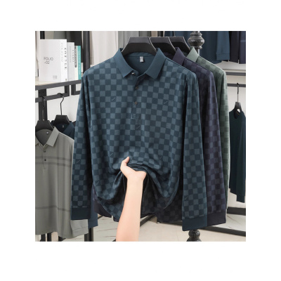 男士春秋长袖polo衫中年休闲衬衣领宽松立体格子T恤男装半袖上衣