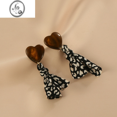 JiMi港风复古焦糖爱心耳环布艺蝴蝶结印花耳饰高级气质海边耳环