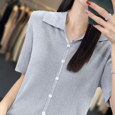 冰丝夏季新款女士套头上衣五分袖薄款气质百搭翻领纯色针织衫