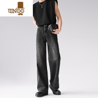 YANXUI感牛仔裤男宽松直筒复古做旧灰色长裤垂感阔腿拖地裤