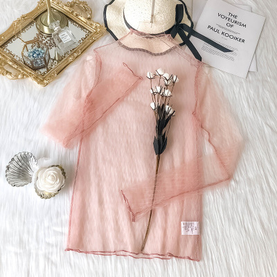 迪鲁奥（DILUAO)渔网打底衫-网纱打底衫女修身型袖鱼网镂空透视杨幂同款渔网内搭网格蕾丝透明上衣