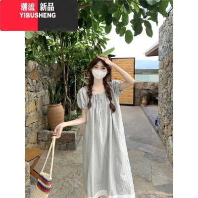 YIBUSHENG设计感拼接花边条纹泡泡袖连衣裙女季2024新款韩系显瘦气质长裙