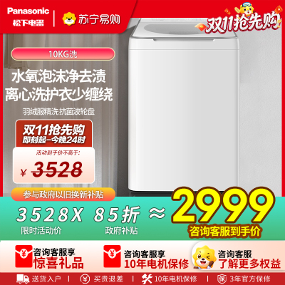 松下(Panasonic)白月光波轮洗衣机10kg大容量全自动家用智洗省水桶自洁不弯腰毛毯羽绒服洗XQB100-U5R1