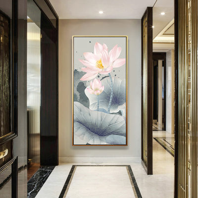 舒厅水墨荷花玄关装饰画中式复古客厅挂画竖版走廊过道餐厅书房背景墙壁画办公室荷花鲤鱼国画静荷暗香带框80*150cm