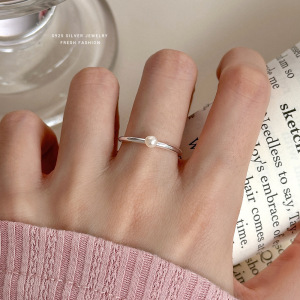 s925纯银极简冷淡风韩版珍珠戒指女时尚个性百搭潮流开口指环批发送女朋友老婆情人节七夕生日礼物 银色