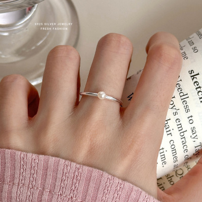 s925纯银极简冷淡风韩版珍珠戒指女时尚个性百搭潮流开口指环批发送女朋友老婆情人节七夕生日礼物