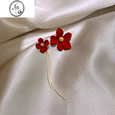 JiMi流苏花朵耳环女小众设计红色耳钉轻奢不对称耳饰高级感2023年新款