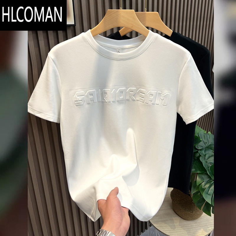 HLCOMAN夏季立体字母T恤男2025新款圆领修身简约半袖打底衫青年百搭短袖t