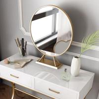 森美人北欧金色圆形化妆镜台式卧室桌面公主梳妆台镜子铁艺单面镜子