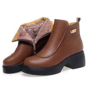 妈妈棉鞋冬季新款女士单靴子粗跟厚底加绒保暖女士短靴中老年女鞋