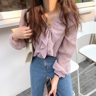枫述很仙的上衣百搭雪纺碎花衬衣女2021早春韩国chic设计感小众蕾丝衫