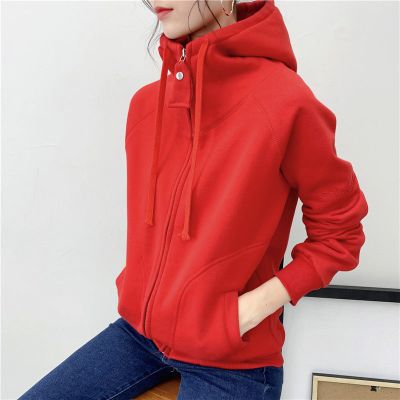 (JIAMEN)新品直营-户外运动新款加绒卫衣女秋冬韩版拉链开衫棉料外套短款上衣连帽加厚修身潮