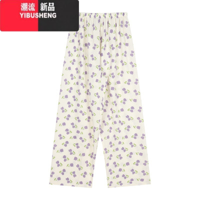 YIBUSHENG格子休闲阔腿裤女季睡裤高腰直筒裤子宽松遛弯裤垂坠感拖地长裤