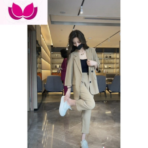 七斓网红抖音小个子西服套装女2022夏季新款显瘦开叉外套+直筒裤