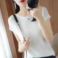蝙蝠袖冰丝短袖T恤女夏装新款时尚百搭曲珠一字领半袖女