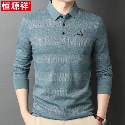恒源祥春秋季中年男士翻领长袖t恤衫春装条纹上衣体恤打底POLO衫