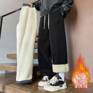 羔绒卫裤男冬季加绒加厚宽松直筒休闲裤男士大码运动保暖裤子