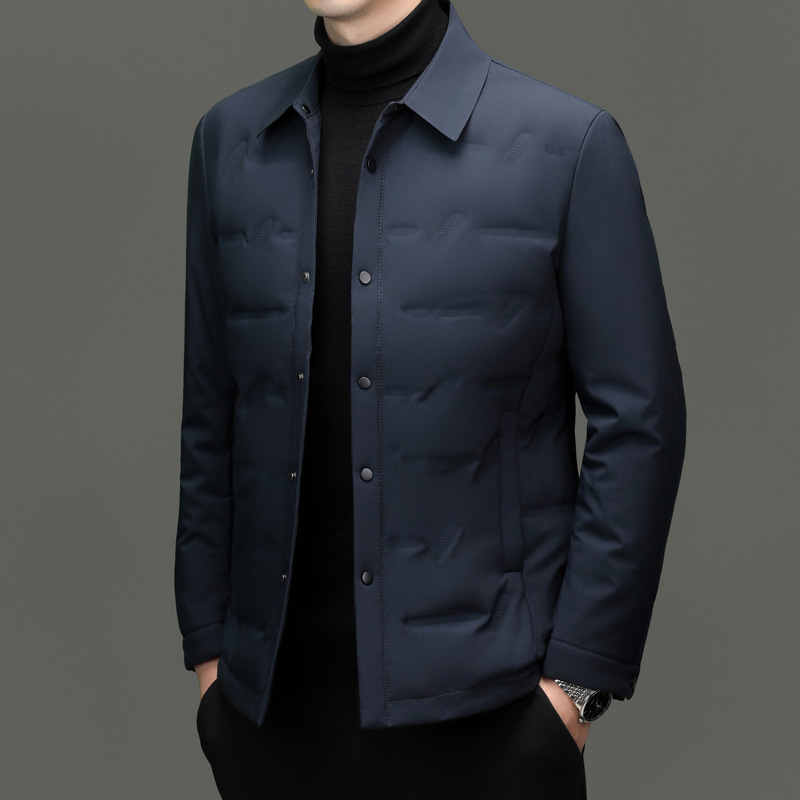 白鸭绒外套男士冬季翻领中青年休闲保暖纯色轻薄羽绒服男