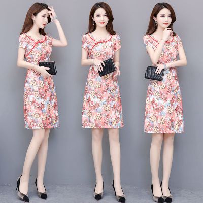 改良旗袍连衣裙2021新款夏季复古优雅妈妈装显瘦碎花流行包臀裙子莎丞