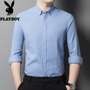 花花公子2025年秋装新款纯色棉长袖男士衬衫商务休闲中青年男装衬衣