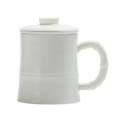 常生源茶杯 中国白羊脂玉瓷家用白瓷带过滤茶水分离杯马克杯办公杯送礼 竹节玉瓷老友杯