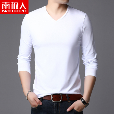 南极人长袖T恤男V领纯棉纯色秋季韩版休闲薄款打底衫简约百搭秋衣