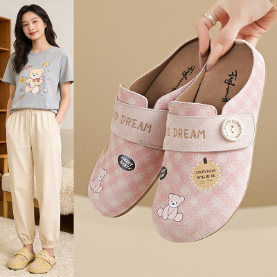 2026春夏新款半托勃肯鞋女格纹透气学生板鞋休闲鞋可爱小熊