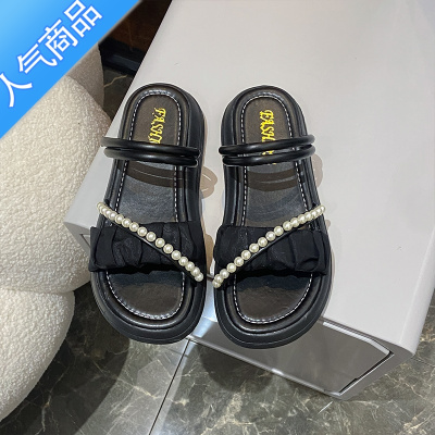 SUNTEK网红拖鞋外穿ins潮2023年夏季新款珍珠仙女风两穿厚底小香风凉鞋