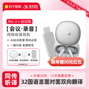 科大讯飞(iFLYTEK)同声传译耳机Pro2 幻影银 桌面办公套装 面对面翻译会议耳机无线蓝牙耳机 入耳式 录音转文字
