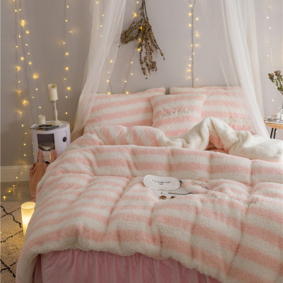 ins韩式公主风秋冬保暖水晶绒床上用品四件套羊羔绒床裙三件套