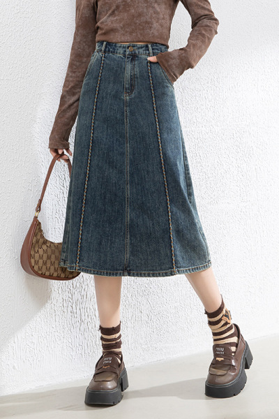 韩版复古中长牛仔裙女2025年春季大码高腰宽松A字半身裙
