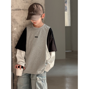 男童假两件卫衣春秋款2026新款男孩春装中大儿童痞帅休闲运动上衣