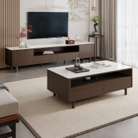 全友家居新中式半开放式边桌茶几电视柜轻奢钢化玻璃实木脚客厅家具茶几电视柜组合