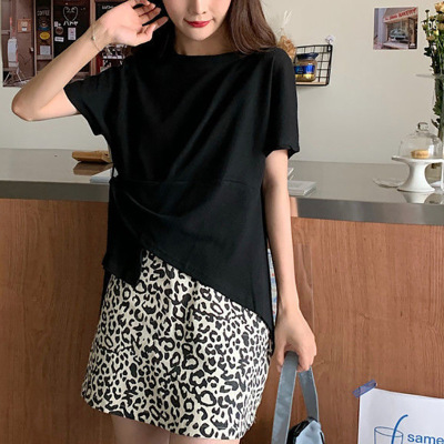 设计感纯色圆领短袖T恤女装夏季新款韩版宽松不规则洋气上衣ins潮