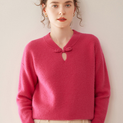 复古盘扣山羊绒女长袖套头毛衣秋冬双股加厚宽松百搭羊毛打底衫