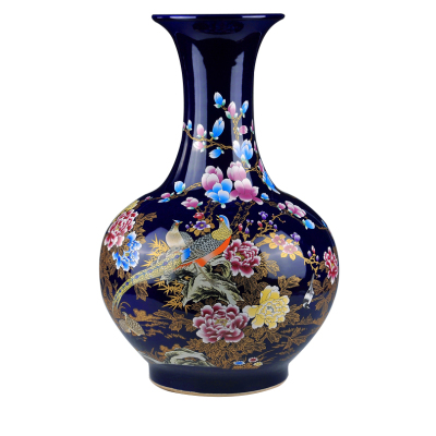 艺锦蓝国产现代中式景德镇花瓶瓷器摆件祭蓝描金陶瓷客厅装饰电视柜落地大花瓶花插祭蓝釉描金锦上添花赏瓶