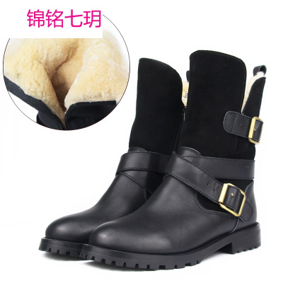 真皮户外中筒雪地靴女17新冬季皮毛一体皮带扣马丁靴头层牛皮