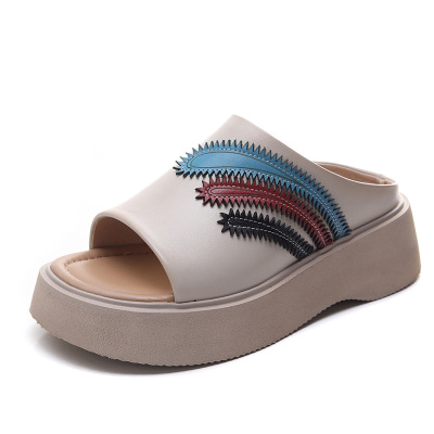 头层牛皮复古外穿刺绣鱼嘴一字拖鞋女2025夏季新款厚底休闲凉鞋