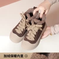 冬季新潮款时尚百搭圆头真皮纯色厚毛里系带厚底加大码休闲鞋